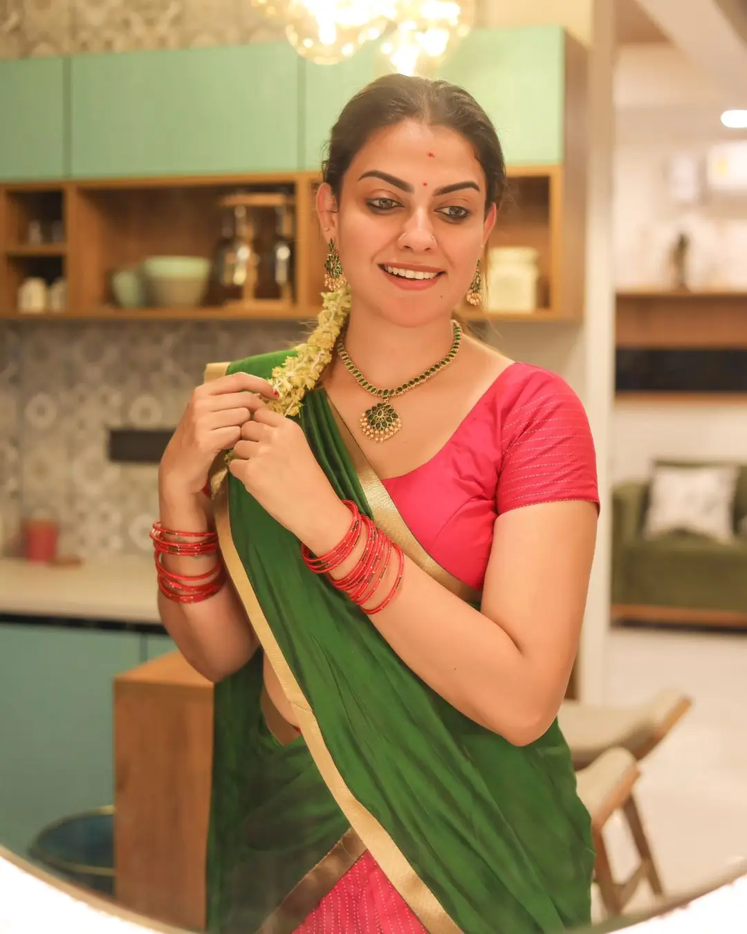 Anusree Nair In South Indian Traditional Green Saree Red Blouse